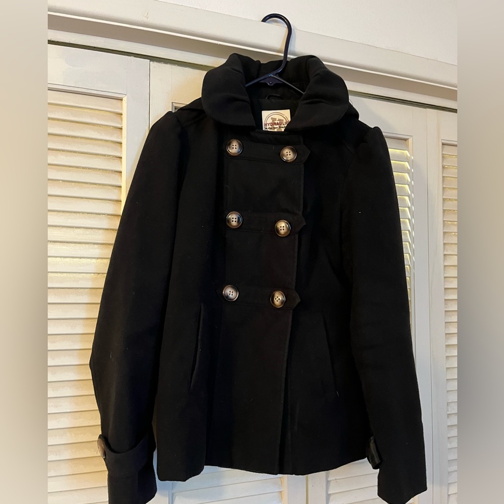 Hydraulic Black Double Breasted Peacoat With Hoodie Size Medium